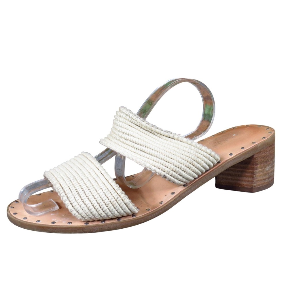 Franco Sarto Raffia Women Sandal 7.5 Casual Block Heel Slide Cream Fabric